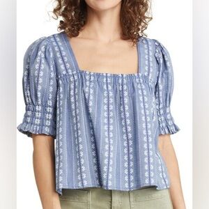 Treasure & Bond Blue Smocked Crop Blouse
